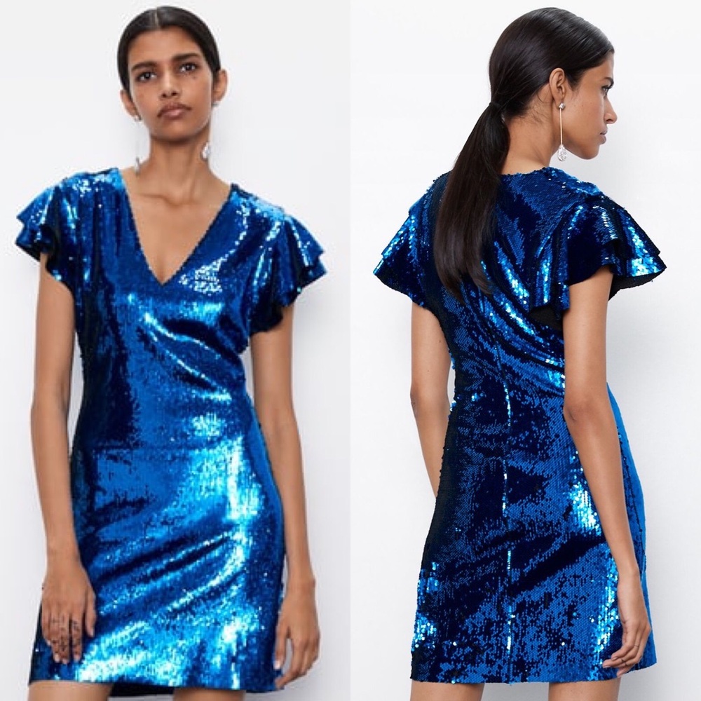 Zara SEQUIN MINI SHORT V-NECK DRESS Ruffled Short Sleeve BLUE NWT.